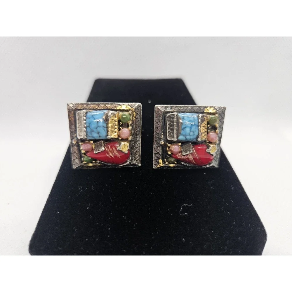 Vintage Artisan Mosaic Stone Inlayed Bronze Cuff‎ Links